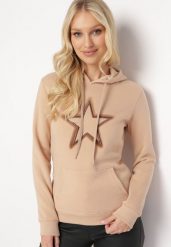 Beżowa Bluza Ocieplana z Nadrukiem Grolla. Brązowe bluzy damskie Born2be, xl, bez wzorów, z polaru, z kapturem. Za 84.99 zł.