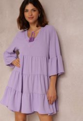 Fioletowa Sukienka Thelike. Fioletowe sukienki damskie Renee, w ażurowe wzory, z tkaniny, boho, bez ramiączek. W wyprzedaży za 62.99 zł.