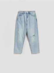 Jeansy straight z przetarciami - niebieski. Niebieskie jeansy damskie Reserved. Za 129.99 zł.