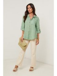 Le Monde du Lin Lniana koszula w kolorze zielonym rozmiar: 40/42. Zielone koszule damskie Le Monde du Lin, bez wzorów, ze lnu, bez kołnierzyka, bez ramiączek. Za 130.99 zł.