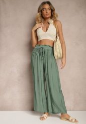 Ciemnozielone Spodnie High Waist o Szerokim Kroju z Wiązaniem Telisiela. Zielone spodnie materiałowe damskie Renee, bez wzorów, z jeansu. Za 39.99 zł.