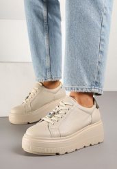 Beżowe Skórzane Sneakersy na Grubej Podeszwie z Metaliczną Wstawką Remalia. Brązowe obuwie sportowe damskie Born2be, bez zapięcia. Za 229.99 zł.
