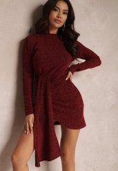 Bordowa Asymetryczna Sukienka Mini z Metaliczną Nitką i Szerokim Pasem Gongo. Czerwone sukienki damskie Renee, bez wzorów, z tkaniny, eleganckie, bez ramiączek. Za 69.99 zł.