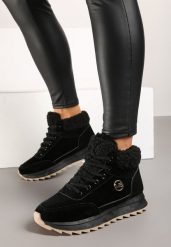 Czarne Sneakersy z Ekozamszu z Futrzaną Wyściółką Etaylla. Czarne obuwie sportowe damskie Renee, na zimę, z futra, bez zapięcia. Za 99.99 zł.