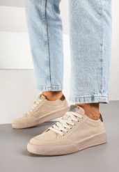 Beżowe Sneakersy Zamszowe Ozdobione Perforacją ze Skórzaną Wkładką Ralnella. Brązowe obuwie sportowe damskie Renee, z jeansu, bez zapięcia. Za 84.99 zł.