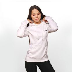 Bluza damska fitness z kapturem biała PRO Hoodie. Białe bluzy damskie GYMBEAM, xs, bez wzorów, z bawełny, z kapturem. Za 88.90 zł.