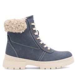 Trzewiki Go Soft. Niebieskie botki damskie GO SOFT, bez obcasa, na płaskiej podeszwie, bez zapięcia. Za 179.99 zł.
