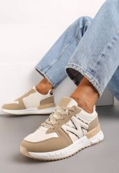 Ciemnobeżowe Sznurowane Sneakersy na Płaskiej Podeszwie z Metalicznym Wykończeniem Vivamarie. Brązowe obuwie sportowe damskie Born2be, z materiału, bez zapięcia. Za 99.99 zł.