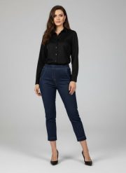 Eleganckie granatowe spodnie Jeangaliny02 o kroju slim fit 7/8 PLUS SIZE XXL OVERSIZE JESIEŃ. Szare spodnie materiałowe damskie Moda Size Plus Iwanek, bez wzorów, z bawełny. Za 199.90 zł.