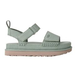 Damskie sandały Ugg Goldenstar 1136783-ART. Zielone sandały damskie Ugg, bez wzorów, z materiału, z okrągłym noskiem, bez obcasa, bez zapięcia. Za 395.92 zł.