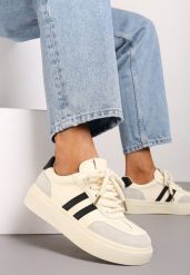 Beżowo-Czarne Sznurowane Sneakersy na Platformie Ozdobione Paskami Tialise. Brązowe obuwie sportowe damskie Renee, bez zapięcia. Za 89.99 zł.