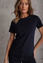 Granatowy T-shirt z Bawełny z Okrągłym Dekoltem Nedima. Niebieskie t-shirty damskie Renee, m, bez wzorów, z bawełny, bez kołnierzyka. Za 39.99 zł.