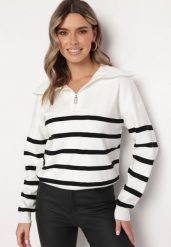 Biało-Czarny Golf Sweter Zapinany na Suwak w Paski Sakine. Białe golfy damskie Born2be, m, bez wzorów, bez ramiączek. Za 119.99 zł.