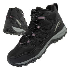 Buty sportowe damskie Merrell West Rim Sport Thermo wodoodporne. Czarne obuwie sportowe damskie Merrell, ze skóry, przed kolano, bez zapięcia, trekkingowe. Za 289.00 zł.