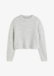 Sweter z grubej, miękkiej dzianiny z domieszką wełny. Szare swetry klasyczne damskie bonprix, z dzianiny, bez kołnierzyka. Za 94.99 zł.