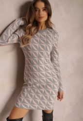 Jasnoróżowa Sukienka Dzianinowa w Geometryczny Wzór Chlaria. Czerwone sukienki damskie Renee, bez wzorów, z dzianiny, eleganckie, bez ramiączek. W wyprzedaży za 95.99 zł.