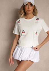 Biały T-shirt z Bawełny z Haftowanymi Detalami w Wiśnie Nevianeva. Białe t-shirty damskie Renee, m, bez wzorów, z bawełny, bez kołnierzyka. Za 34.99 zł.