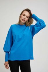 Bluza z bufiastymi rękawami lazurowa. Niebieskie bluzy damskie MOODO, m, bez wzorów, z bawełny, bez kaptura. W wyprzedaży za 44.99 zł.