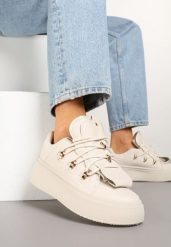 Beżowe Sneakersy na Platformie Ozdobione Wstawką i Rzemykami na Języku Barilsa. Brązowe obuwie sportowe damskie Renee, z jeansu, bez zapięcia, trekkingowe. Za 79.99 zł.