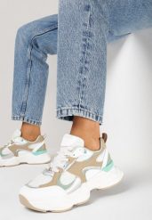Biało-Beżowe Sneakersy na Grubej Podeszwie z Siateczką i Metalicznymi Wstawkami Terlimi. Białe obuwie sportowe damskie Born2be, bez zapięcia. Za 99.99 zł.