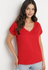 Czerwony Bawełniany T-shirt z Trójkątnym Dekoltem Linarosea. Czerwone t-shirty damskie Born2be, l, bez wzorów, z bawełny, bez kołnierzyka. Za 39.99 zł.