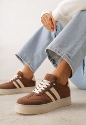 Brązowe Sneakersy na Platformie w Stylu Tenisówek Ozdobione Paskami Ladia. Brązowe obuwie sportowe damskie Renee, na wiosnę, z jeansu, bez zapięcia, tenisowe. Za 119.99 zł.