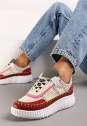 Bordowe Sneakersy na Platformie Ozdobione Tweedowymi Wstawkami i Cyrkoniami Eganna. Czerwone obuwie sportowe damskie Renee, bez zapięcia. Za 79.99 zł.