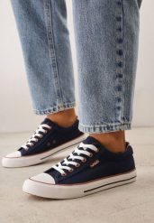 Granatowe Klasyczne Trampki do Kostki z Lamówką przy Podeszwie Kasiope. Niebieskie trampki damskie Born2be, bez wzorów, z jeansu, bez zapięcia. Za 59.99 zł.