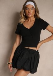 Czarny Bawełniany T-shirt z Prążkowanej Tkaniny z Dekoltem w Szpic Filaretta. Czarne t-shirty damskie Renee, l, bez wzorów, z bawełny, bez kołnierzyka. Za 39.99 zł.