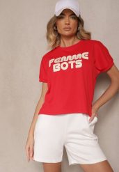 Czerwony T-shirt z Nadrukiem Napisu Dezerine. Czerwone t-shirty damskie Renee, l, bez wzorów, z jeansu, bez kołnierzyka. Za 29.99 zł.