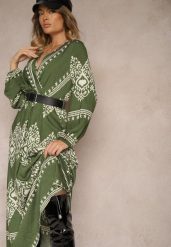Zielona Wzorzysta Sukienka z Wiskozą o Kopertowym Kroju z Paskiem i Gumką w Talii Sagilaine. Zielone sukienki damskie Renee, bez wzorów, z wiskozy, eleganckie, bez ramiączek. W wyprzedaży za 83.99 zł.