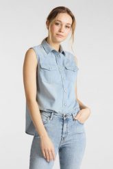 DAMSKI BEZRĘKAWNIK LEE SLEEVELESS SHIRT STERLING BLUE L45GBINZ 112110251. Niebieskie kamizelki damskie Lee, l, bez wzorów, z jeansu, bez kaptura. Za 129.99 zł.