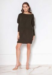 Swetrowa Tunika z Dekoltem w Łódkę - Khaki. Brązowe tuniki damskie Lanti, l, bez wzorów, z materiału, bez kołnierzyka, bez ramiączek. Za 209.90 zł.