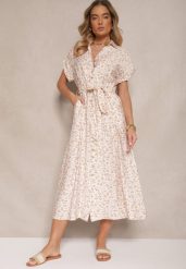 Jasnobeżowa Koszulowa Sukienka z Bawełny w Kwiatowy Print z Wiązanym Paskiem Amoisse. Brązowe sukienki damskie Renee, bez wzorów, z bawełny, eleganckie, bez ramiączek. W wyprzedaży za 74.99 zł.