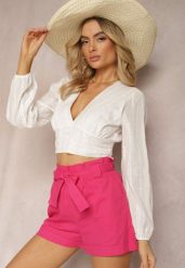 Fuksjowe Szorty High Waist Wiązane w Pasie Gilalilena. Czerwone szorty damskie Renee, bez wzorów, z materiału, z podwyższonym stanem. Za 39.99 zł.