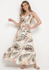 Jasnobeżowa Sukienka na Ramiączkach z Kopertowym Dekoltem i Motywem Florystycznym Obilena. Brązowe sukienki damskie Born2be, bez wzorów, eleganckie, bez ramiączek. Za 69.99 zł.