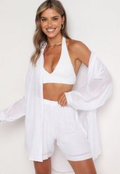 Biały Komplet Koszula z Długim Rękawem Szorty Tordia. Białe koszule damskie Born2be, uniwersalny, bez wzorów, z bawełny, eleganckie, bez kołnierzyka, bez ramiączek. Za 129.99 zł.