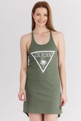GUESS Zielona sukienka z trójkątnym logo. Zielone sukienki damskie Guess, z aplikacjami, z bawełny, bez ramiączek. W wyprzedaży za 119.99 zł.