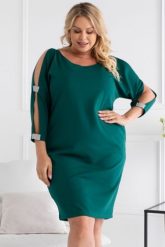 Sukienka na wesele plus size MARTINA kryształki na rękawkach butelkowa zieleń. Zielone sukienki damskie KARKO, bez wzorów, z elastanu, eleganckie, bez ramiączek. Za 89.50 zł.