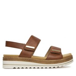 Sandały Remonte. Brązowe sandały damskie Remonte, bez wzorów, bez obcasa, na koturnie, bez zapięcia. Za 303.99 zł.