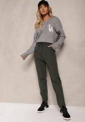 Ciemnozielone Spodnie z Bawełną High Waist Ozdobione Sznurkiem Venaline. Zielone spodnie materiałowe damskie Renee, bez wzorów, z bawełny. Za 59.99 zł.