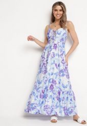 Niebieska Sukienka z Wiskozy i Bawełny Rozkloszowana w Kwiatowy Print z Ozdobnym Wiązaniem Wiama. Niebieskie sukienki damskie Born2be, bez wzorów, z bawełny, eleganckie, bez ramiączek. Za 129.99 zł.