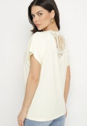 Żółty Bawełniany T-shirt Nietoperz z Perłami i Koronką Eleziria. Żółte t-shirty damskie Born2be, l, bez wzorów, z bawełny, bez kołnierzyka. Za 34.99 zł.