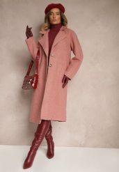 Różowy Płaszcz Jednorzędowy o Długim Kroju z Materiału Boucle Deorina. Czerwone płaszcze damskie Renee, m, bez wzorów, bez kaptura. Za 159.99 zł.