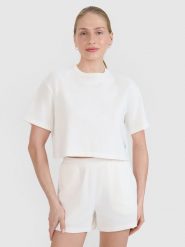 4F T-shirt crop top z waflowej dzianiny damski - biały S. Białe t-shirty damskie 4F, s, bez wzorów, z bawełny, bez kołnierzyka. W wyprzedaży za 49.99 zł.