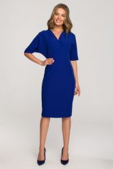 Elegancka sukienka z Kopertowym Dekoltem - Chabrowa. Niebieskie sukienki damskie MOE, bez wzorów, z elastanu, eleganckie, bez ramiączek. Za 274.90 zł.