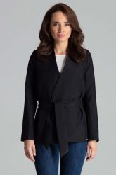 Czarny Stylowy Żakiet bez Zapięcia z Wiązanym Paskiem. Czarne marynarki i żakiety damskie Katrus, s, bez wzorów, z materiału, eleganckie. Za 279.00 zł.