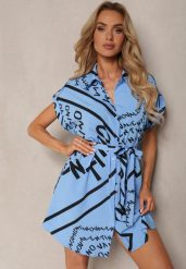Niebieska Sukienka o Koszulowym Kroju z Materiałowym Paskiem i Wzorem w Kształcie Napisów Horetta. Niebieskie sukienki damskie Renee, bez wzorów, z materiału, eleganckie, bez ramiączek. W wyprzedaży za 55.99 zł.