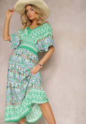 Zielona Wiskozowa Sukienka Boho z Gumką w Pasie i Trójkątnym Dekoltem Casalina. Zielone sukienki damskie Renee, bez wzorów, z wiskozy, boho, bez ramiączek. W wyprzedaży za 83.99 zł.