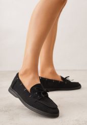 Czarne Mokasyny ze Sznurkiem i Kokardą Samiphia. Czarne mokasyny damskie Renee, z jeansu, bez obcasa. Za 84.99 zł.